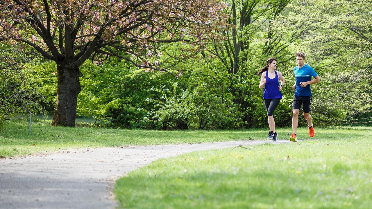 Eine Joggerin und ein Jogger laufen nebeneinander auf einem Weg, um sie herum ist es grün, man sieht Bäume und Sträucher.